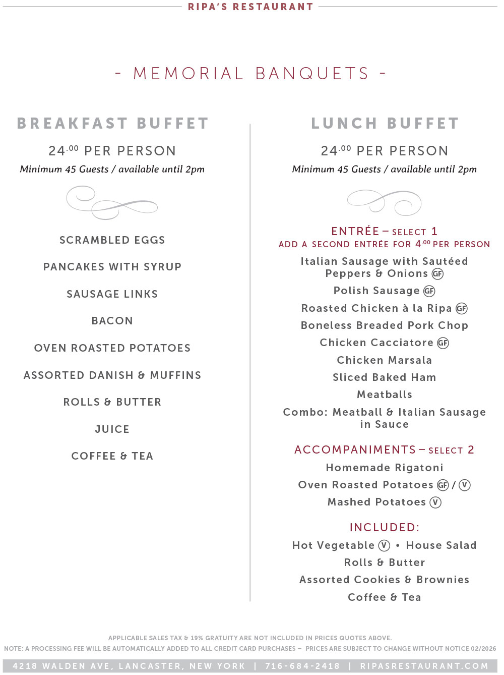 Memorial Banquets Menu 1